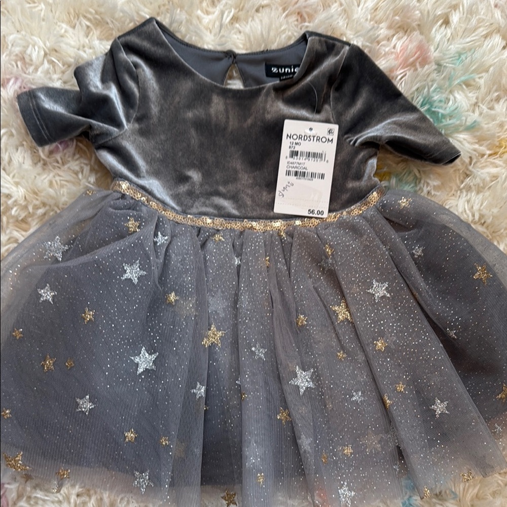 NWT ZUNIE Gray and Gold Star Tulle Dress